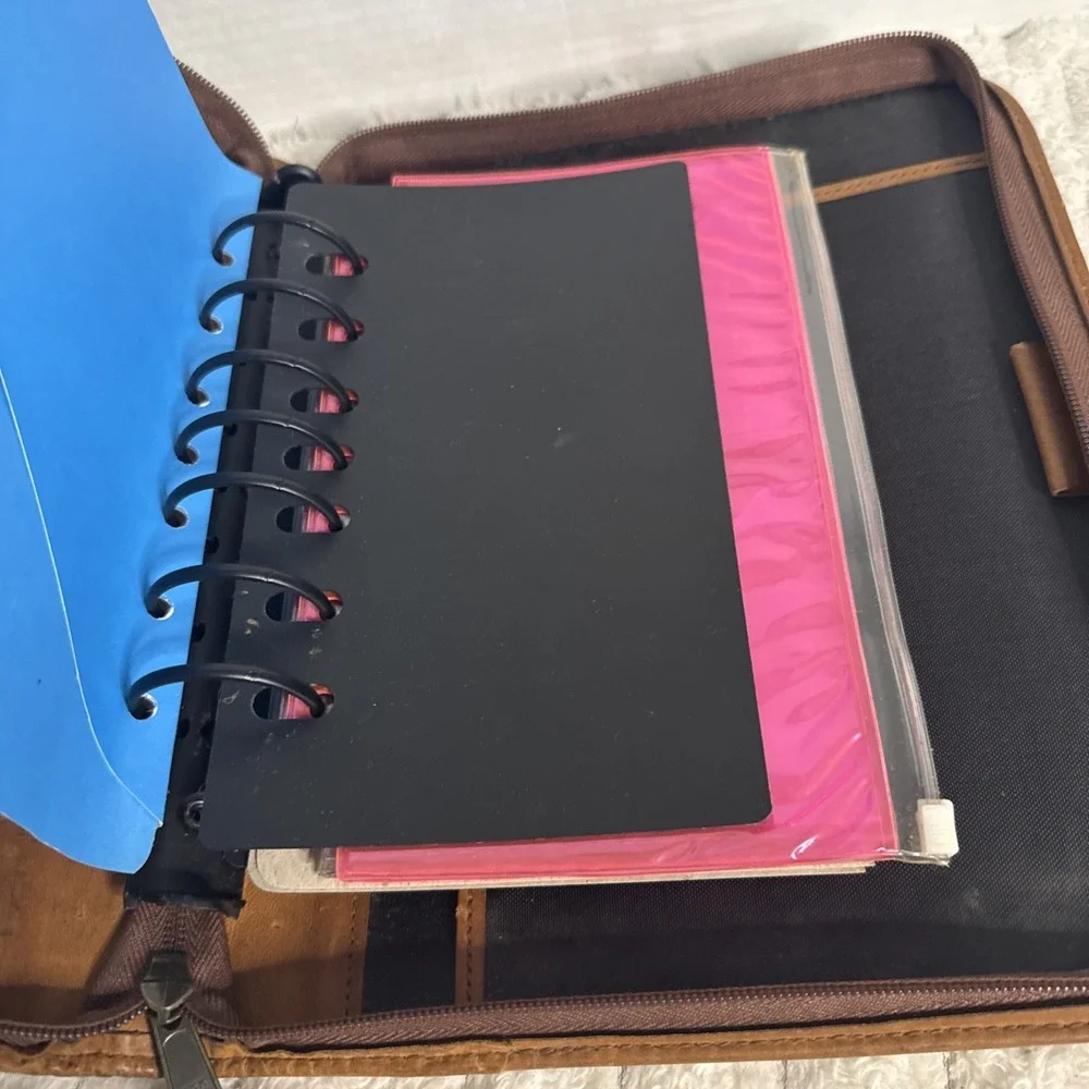 VTG Daytimer Planner Binder Organizer Camel Leather Zip Cover Kim Collins